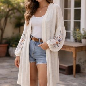 Boho Floral Embroidered Balloon Sleeve Cream Cardigan Sweater | Size Large